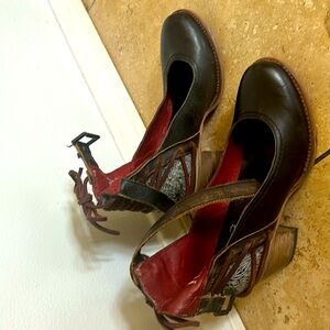 Free Bird 3 inch heels, Mary Jane. Black with reddish brown lacing, ankle strap